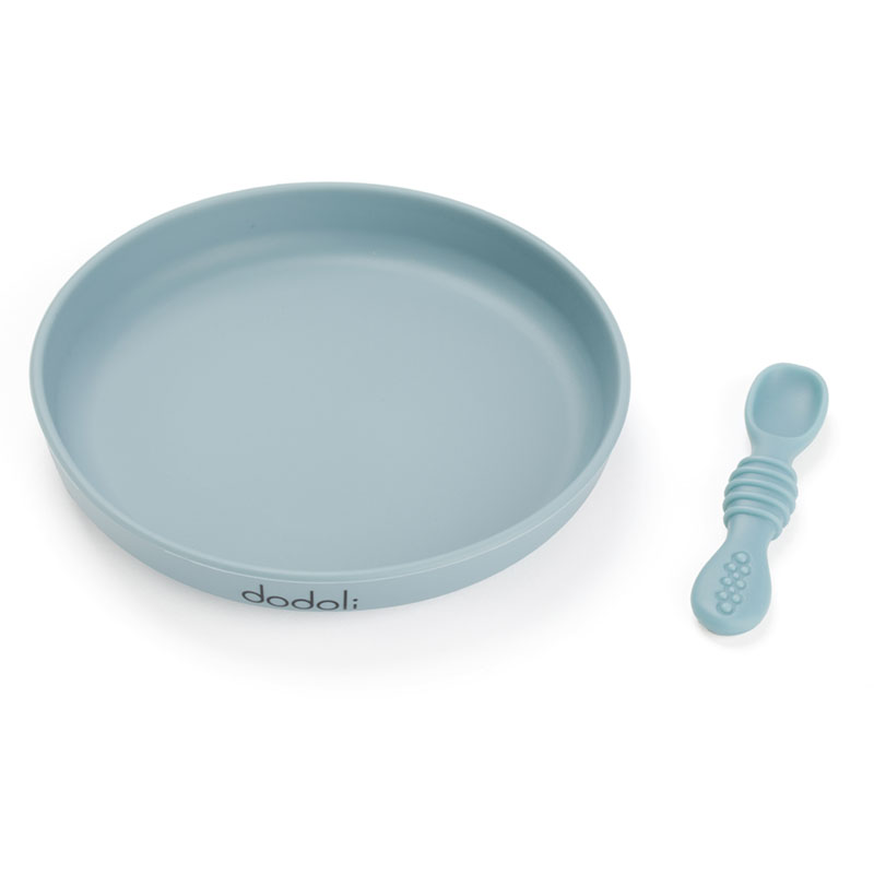 Dodoli Detsky silikónový tanier s prísavkou a lyžičkou – pre deti a bábätka, 18 cm, šedomodrá